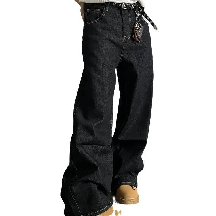 Black retro-style loose wide-leg straight-leg jeans on a hanger.
