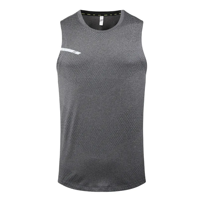 Men's solid colour quick-drying sports tank top for summer outdoor activities on a neutral background.