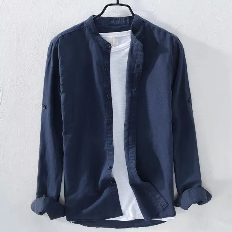 Men's loose fit long sleeve casual shirt in linen-cotton blend, shown in dark blue colour.