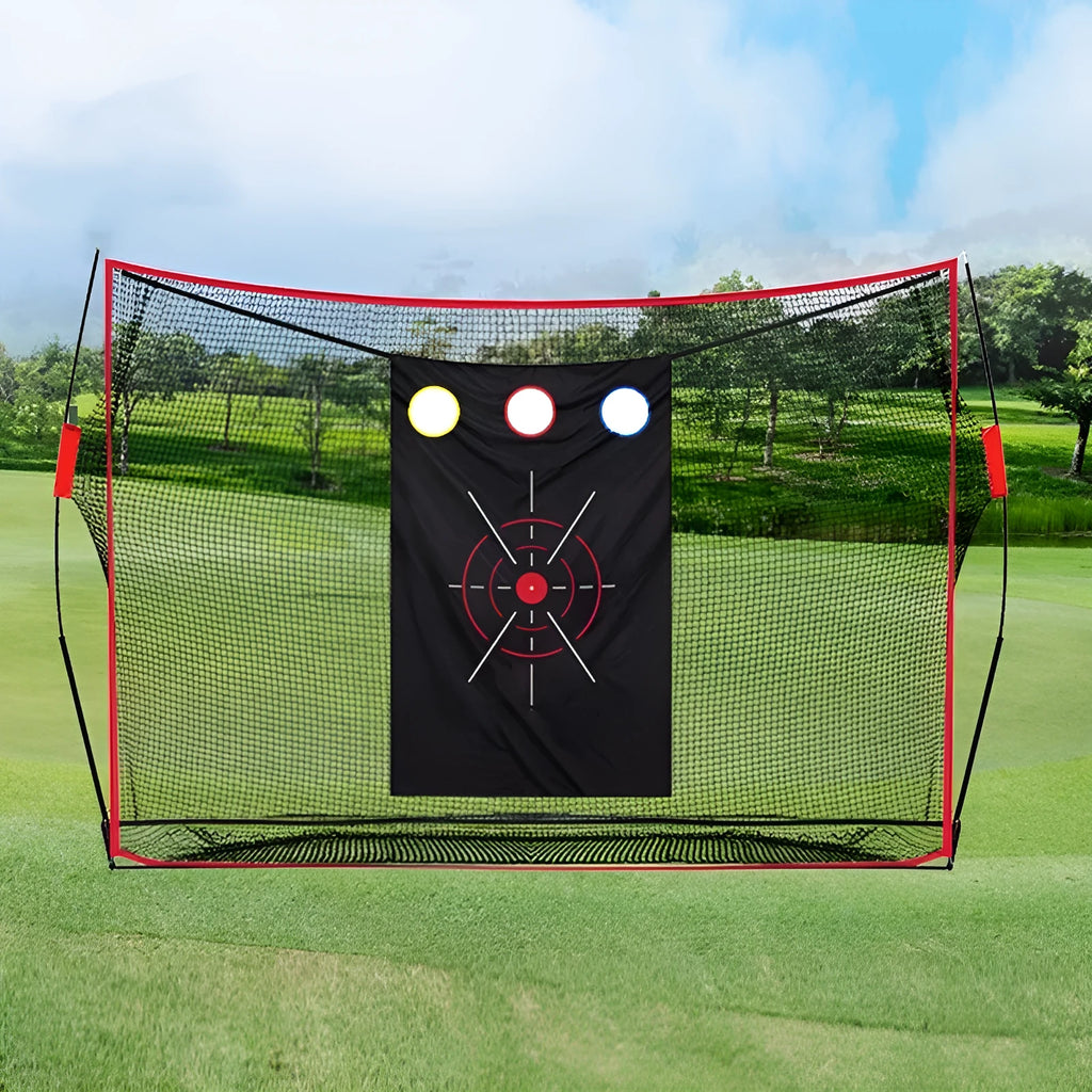 Golf wedge training net with 3-hole target design and straw practice mat including practice balls and tees