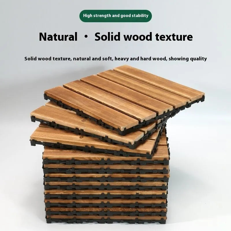 Square camphor pine wood floor tiles with interlocking edges for balcony use.