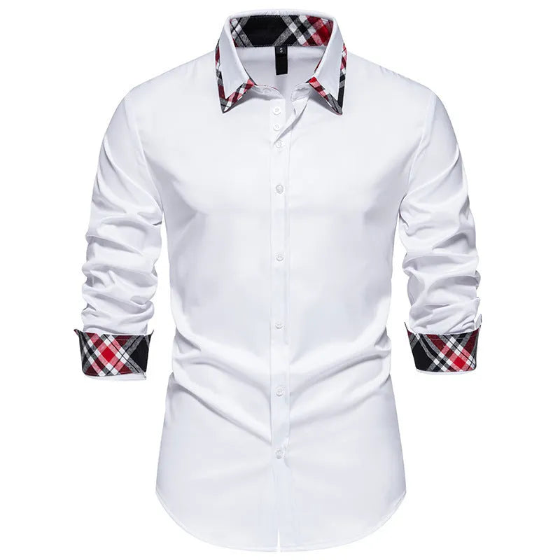 A man's blue plaid long sleeve shirt with a triangle collar on a hanger.