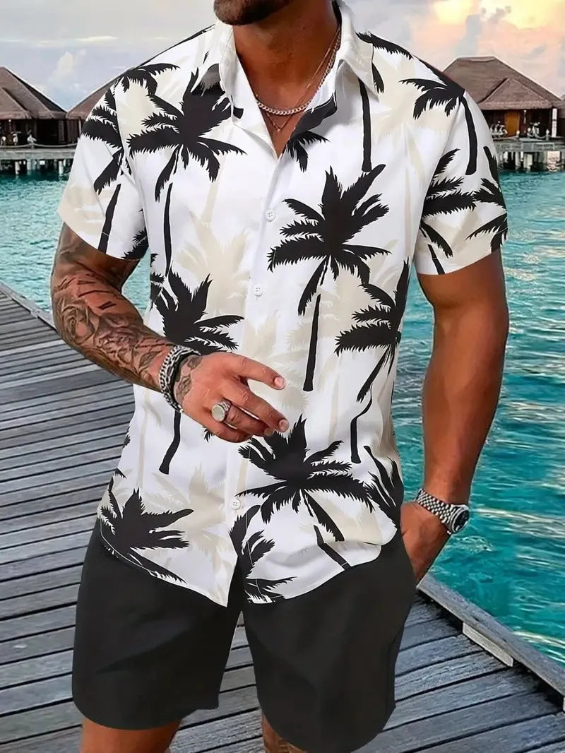 Men's Hawaiian patterned short sleeve suit with 3D print design and matching shorts