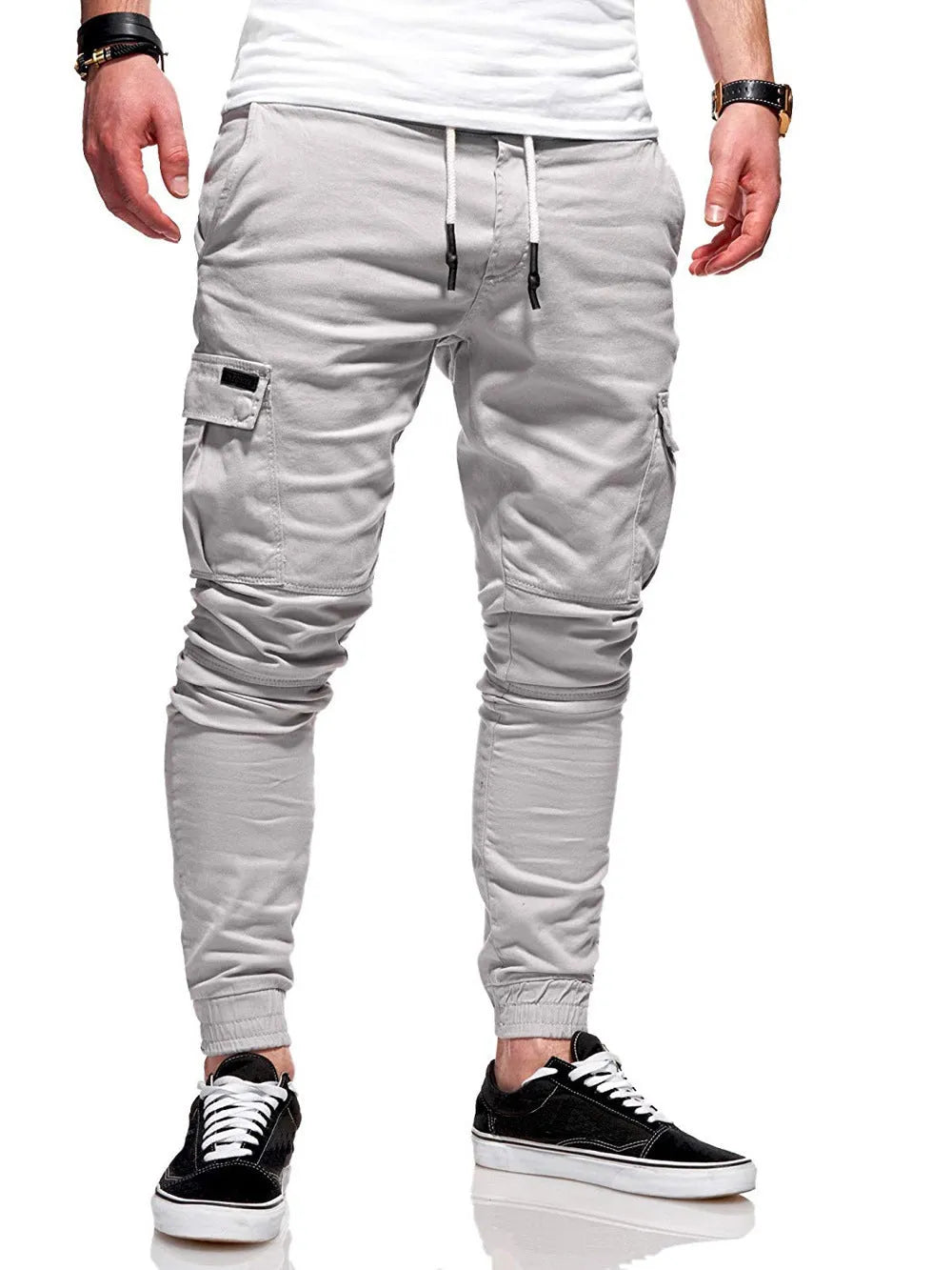 Men's polyester overalls with dimensional patch pockets and elastic waistband in straight leg baggy pants style