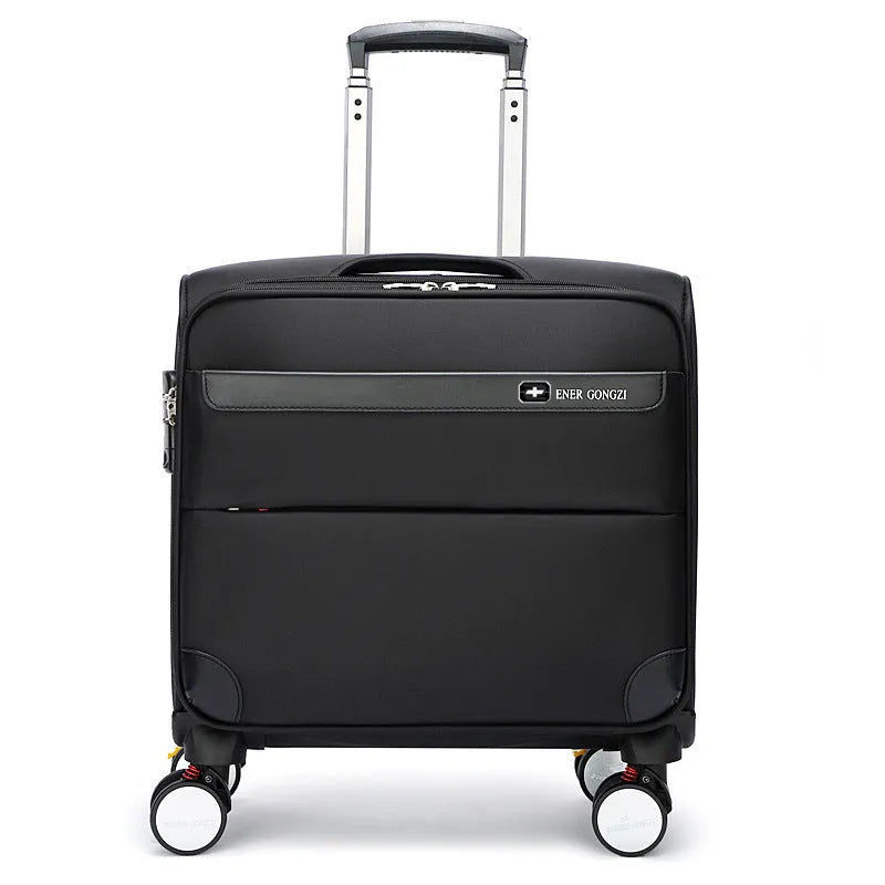 Black 18-inch Oxford cloth carry-on suitcase with wheels and pull handle for business travel.