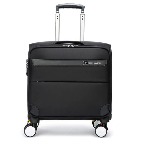Black 18-inch Oxford cloth carry-on suitcase with wheels and pull handle for business travel.