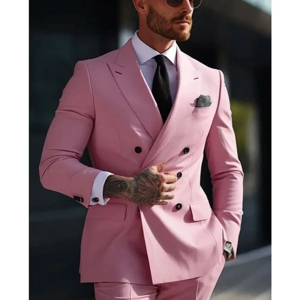 Men's gray Korean slim fit two-piece suit jacket and trousers on a hanger