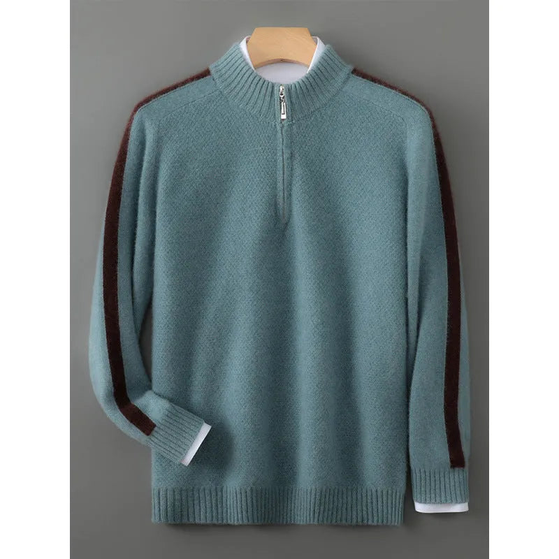 Sheep wool half-zip knitted sweater in slim fit design showing round neck and regular sleeves