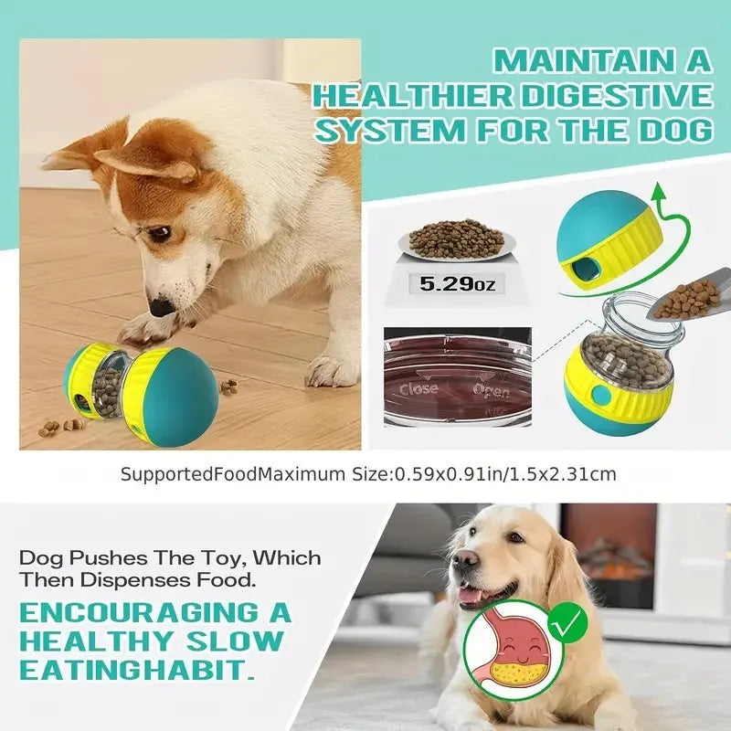 Blue adjustable treat dispenser toy for dogs with dual spheres and food dispensing holes