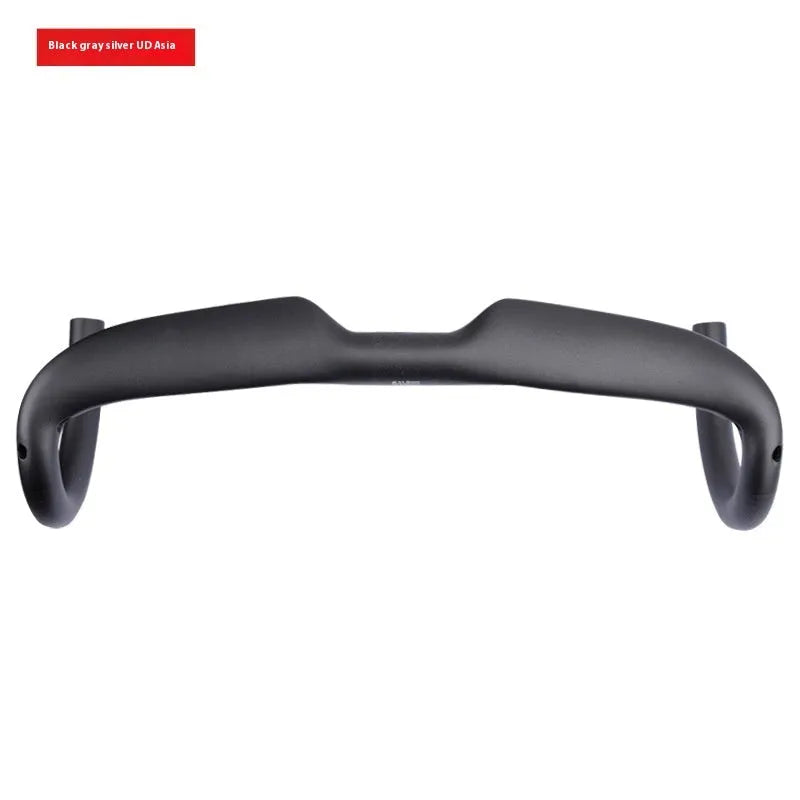 Carbon fibre road bicycle drop handlebar in black grey silver showing 400mm width option
