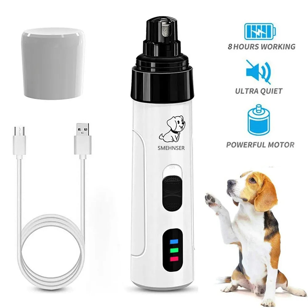Electric dog nail trimming device with LED display showing speed settings and dust collection compartment