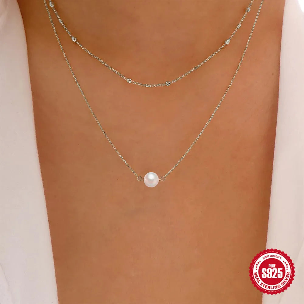 S925 sterling silver women's double layer pearl necklace with ball bead chain in gold colour