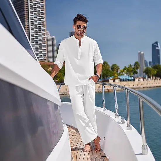Men's casual cotton two-piece suit with long sleeves and trousers in a solid colour