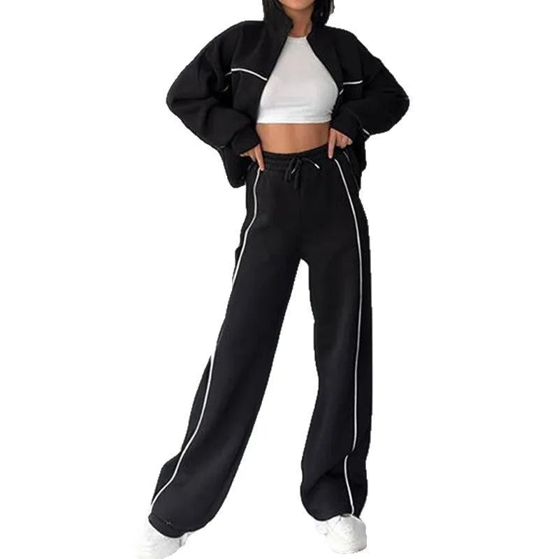 Casual striped suit set with mock neck hoodie and trousers in six colour options
