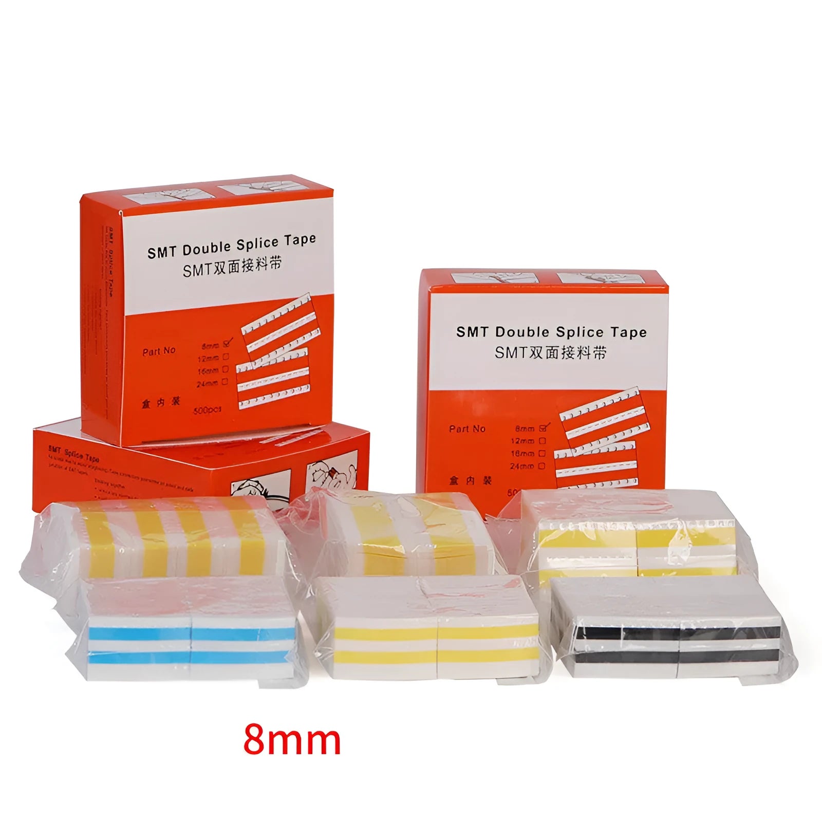 Rolls of SMT double-sided splicing tape in yellow, blue, black, and gum colours for placement machines.