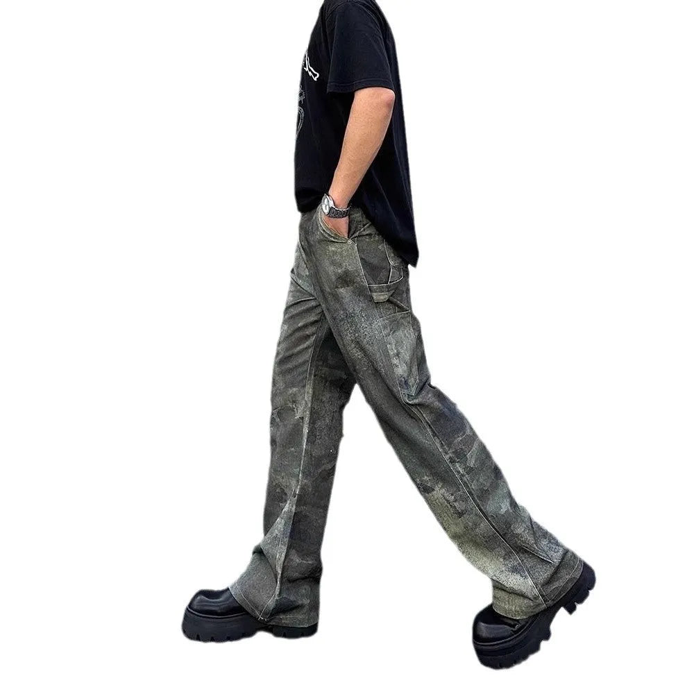 Men's retro camouflage pattern jeans in straight-leg cut with mid-rise waist