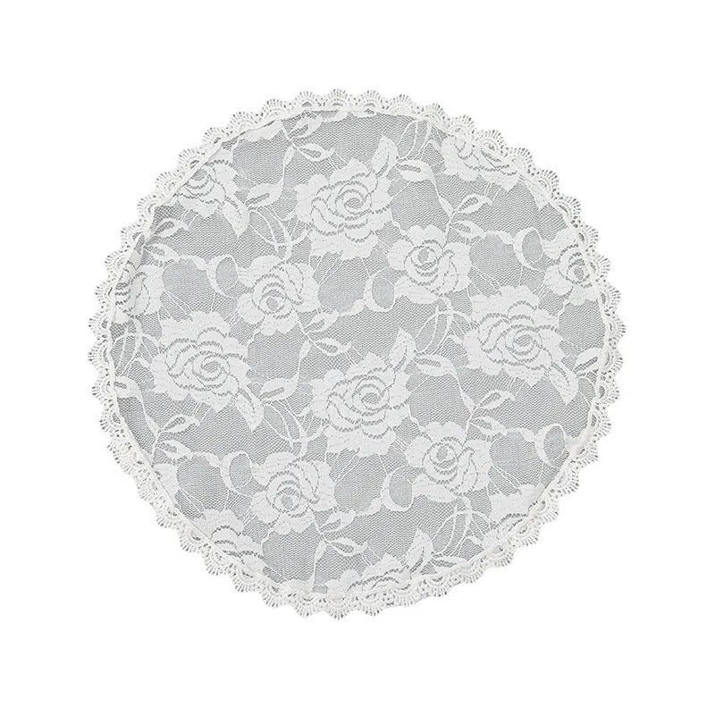 Round white floral bridal head cover decoration accessory on a 30cm background.