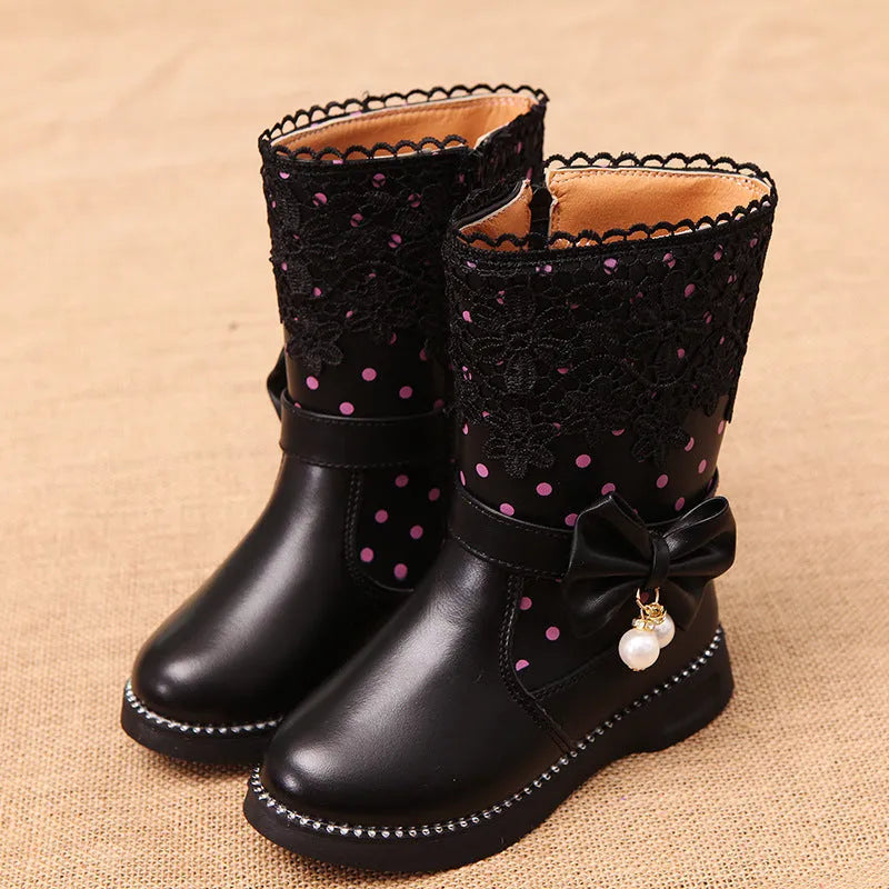 Girls' bowknot pendant lace and velvet artificial leather shoes in black with rubber sole and lace fastening