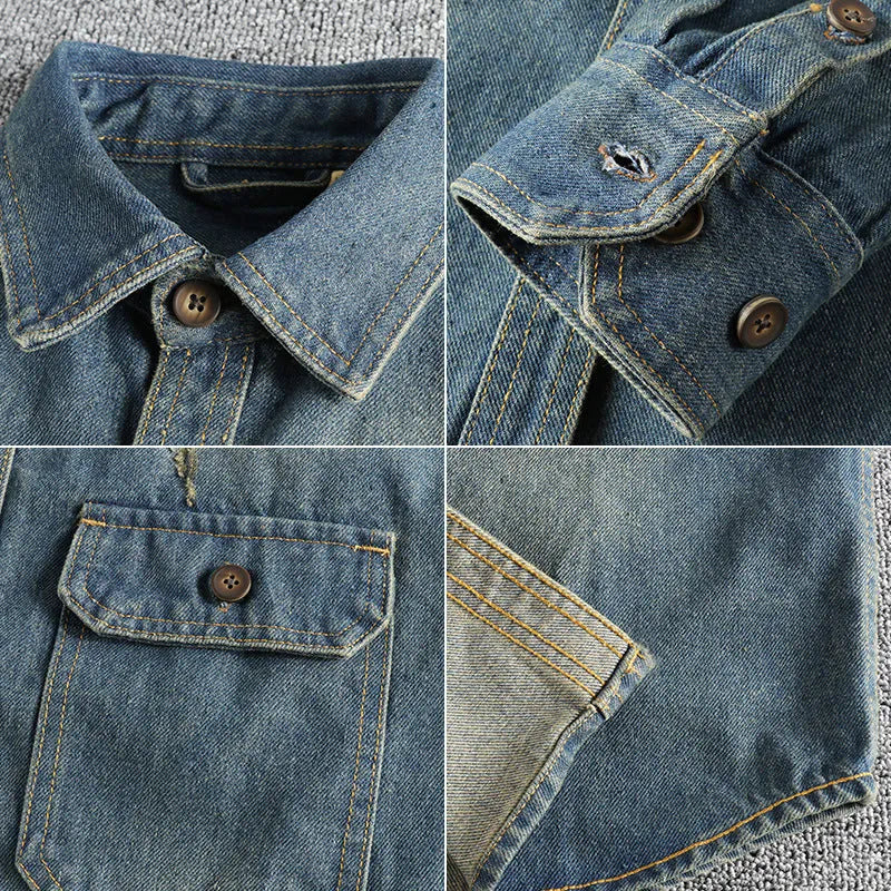 Men's washed vintage denim shirt in light blue loose fit cardigan style