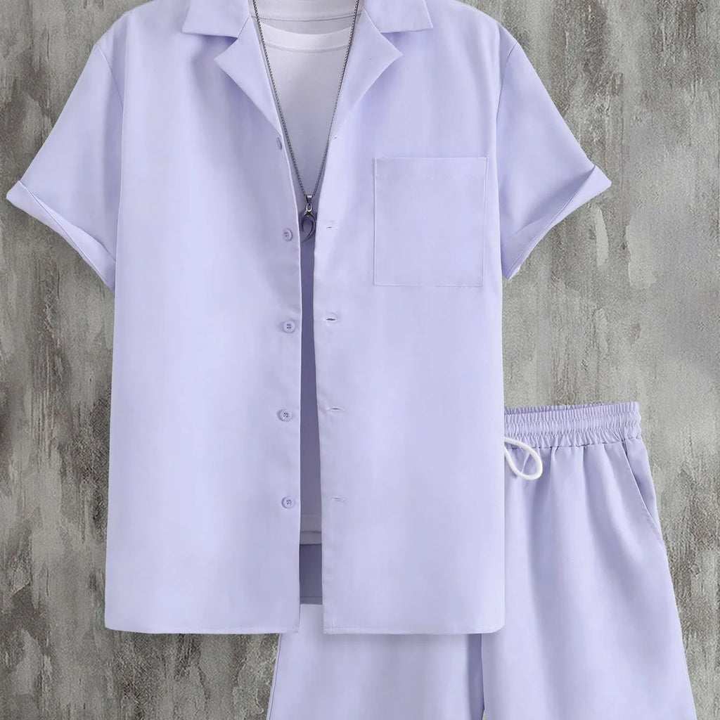 Men's white short sleeve Cuban collar sport shirt and matching shorts laid flat.