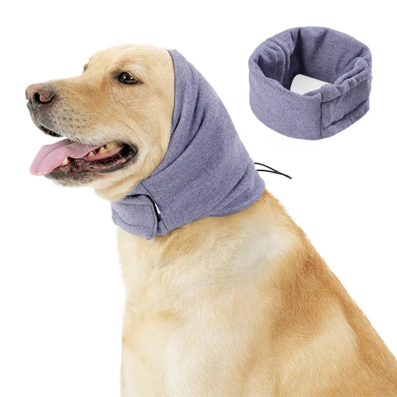 Dog wearing calming hoodie with ear covers in soft polyester fabric