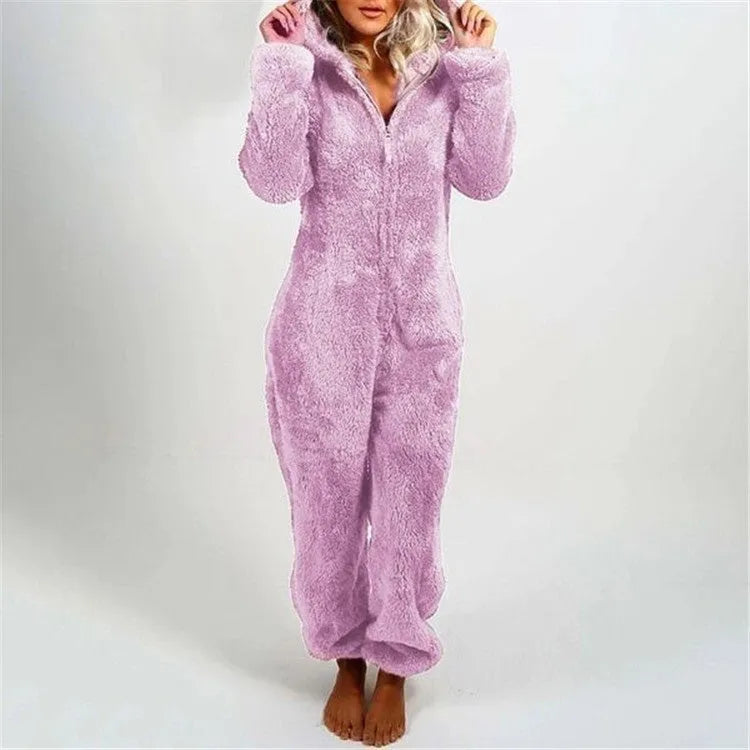 Fleece-lined thickened furry hooded jumpsuit pajamas with zipper in a colour option