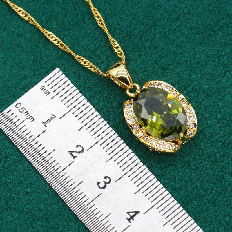 Full rhinestone zircon women's jewellery set showing necklace with snake bones chain, earrings, and ring in olive green or red.
