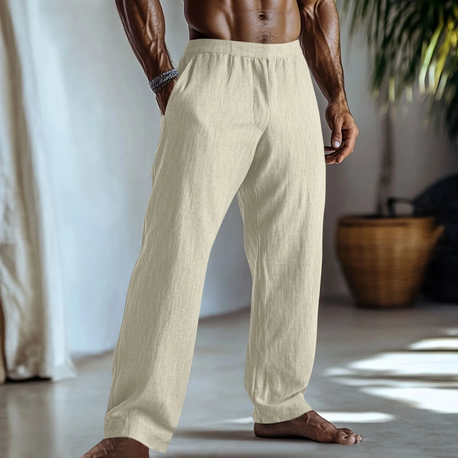 Straight leg cotton linen casual trousers in peacock blue colour with five-pocket design