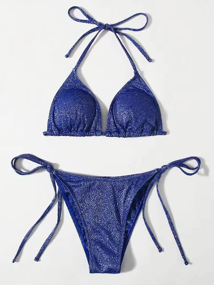 Women's split bandage bikini swimsuit in polyester fabric showing colour options and styling