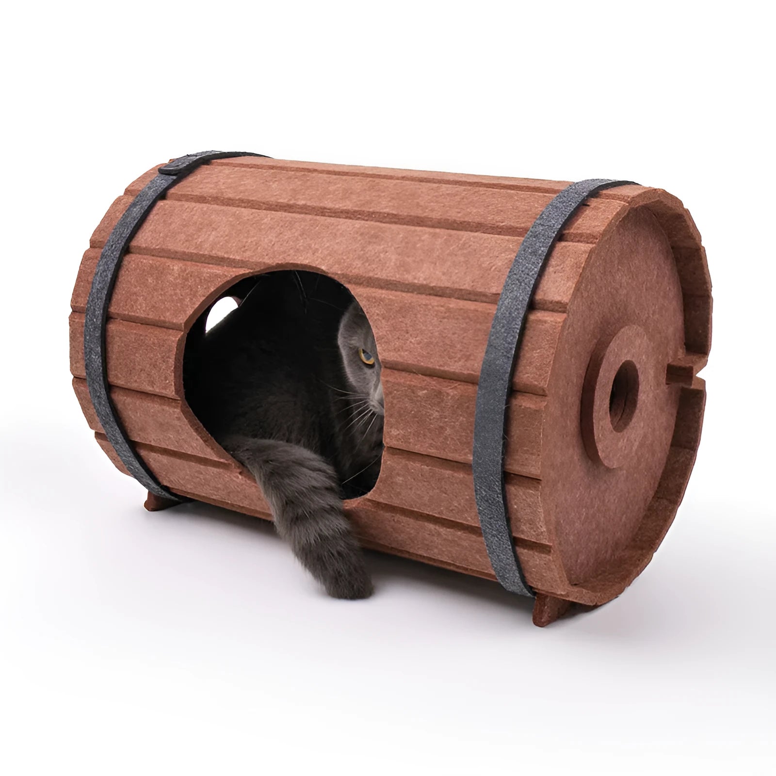 Assembled wine barrel shaped cat bed made from polyester felt panels