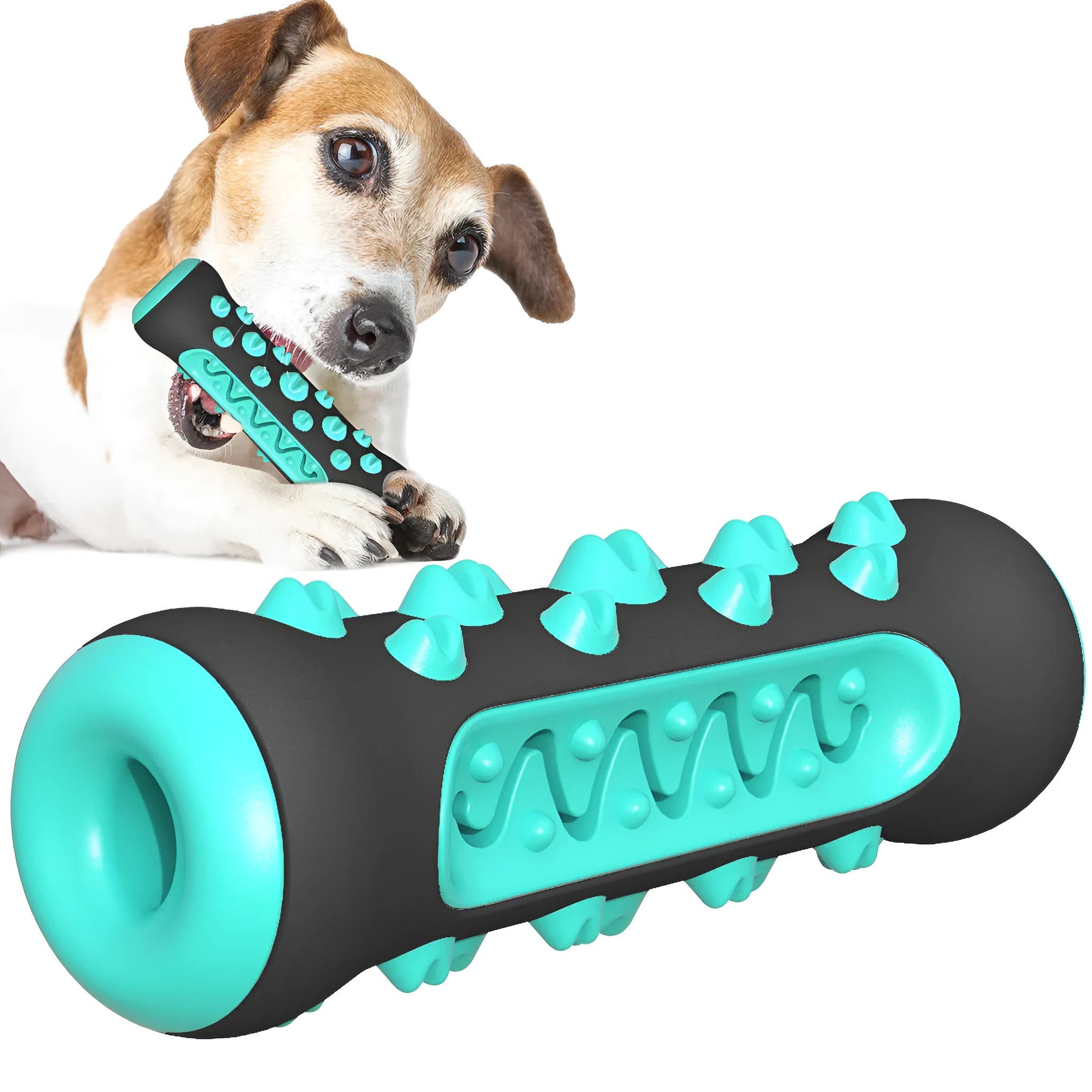 Natural rubber dog dental chew toy with textured cleaning surfaces, 15cm long, in blue colour