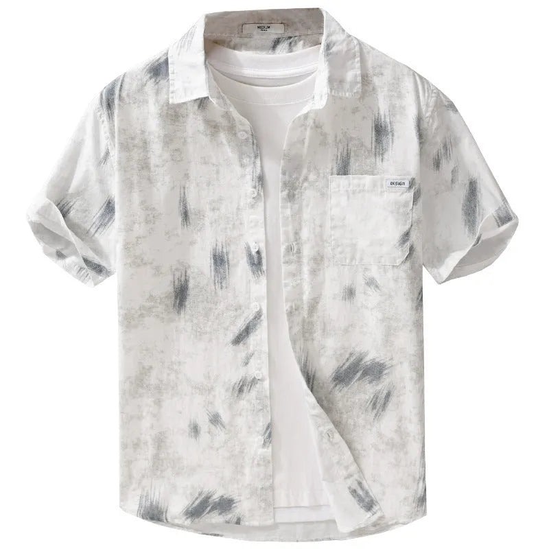 Light green men's loose-fit cotton cardigan with floral print and short sleeves