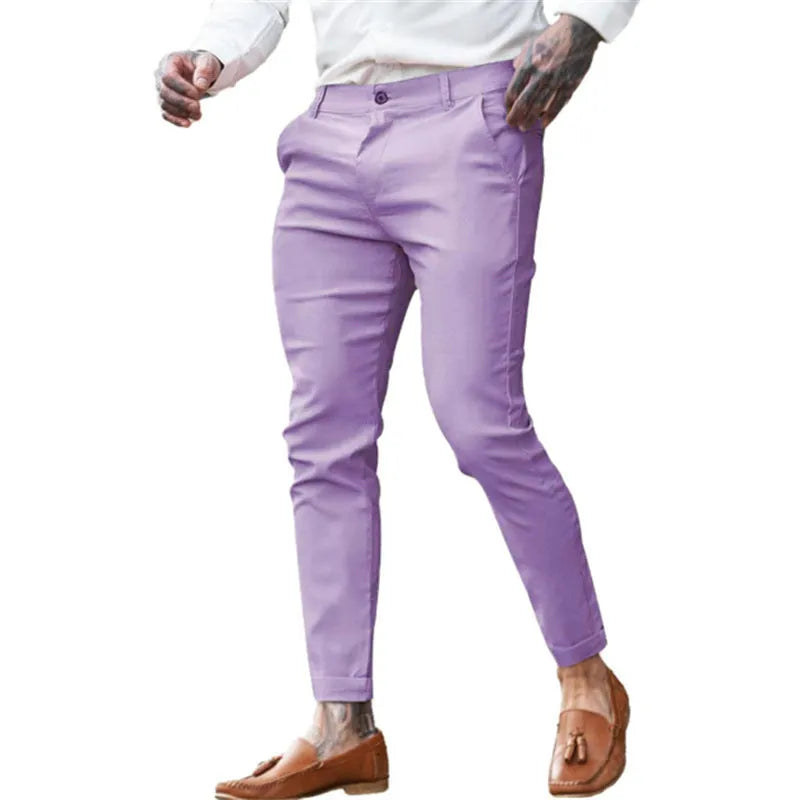 Men's slim fit stretch cotton twill pencil trousers in a choice of solid colours.