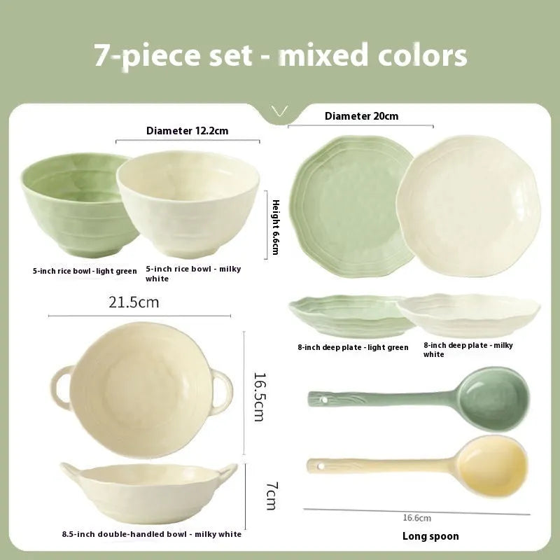 7-piece ceramic tableware set with solid colour design and modern simplicity style