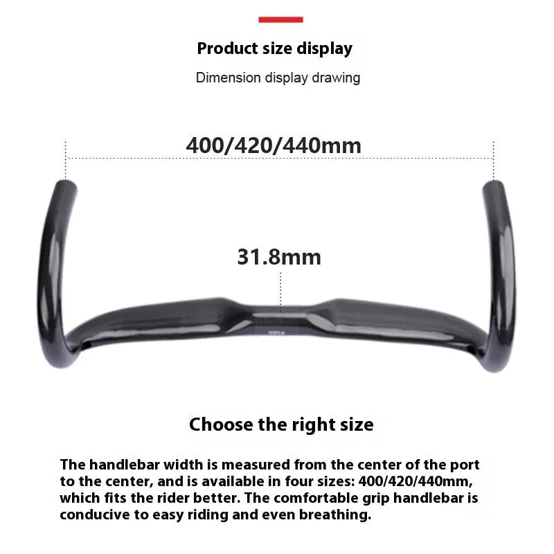 Carbon fibre road bicycle drop handlebar in black grey silver showing 400mm width option