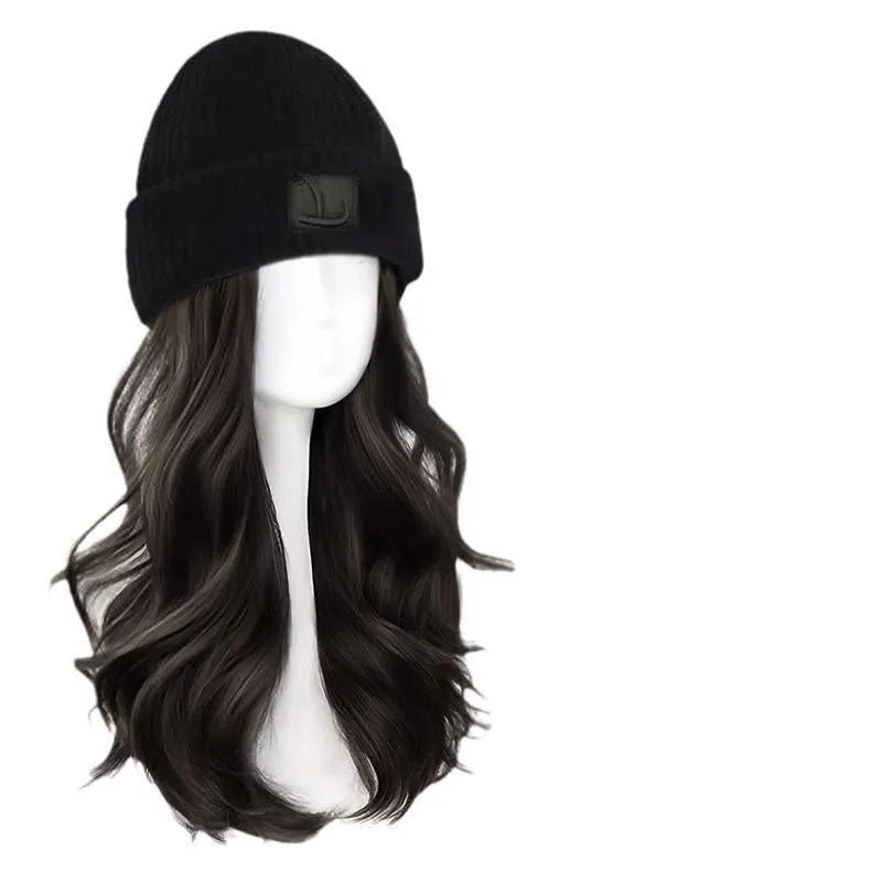 Hat women's big head small integrated fashion big wave full-head wig in protein filament cold brown colour