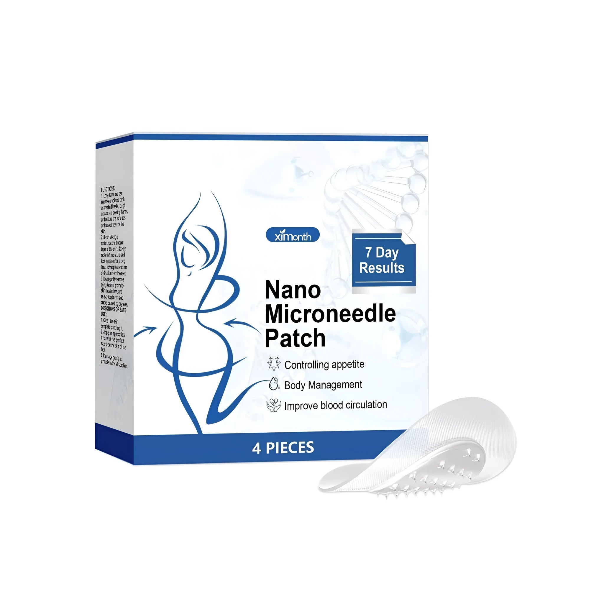 Pack of four nano microneedle body shaping patches on skin, showing adhesive application.