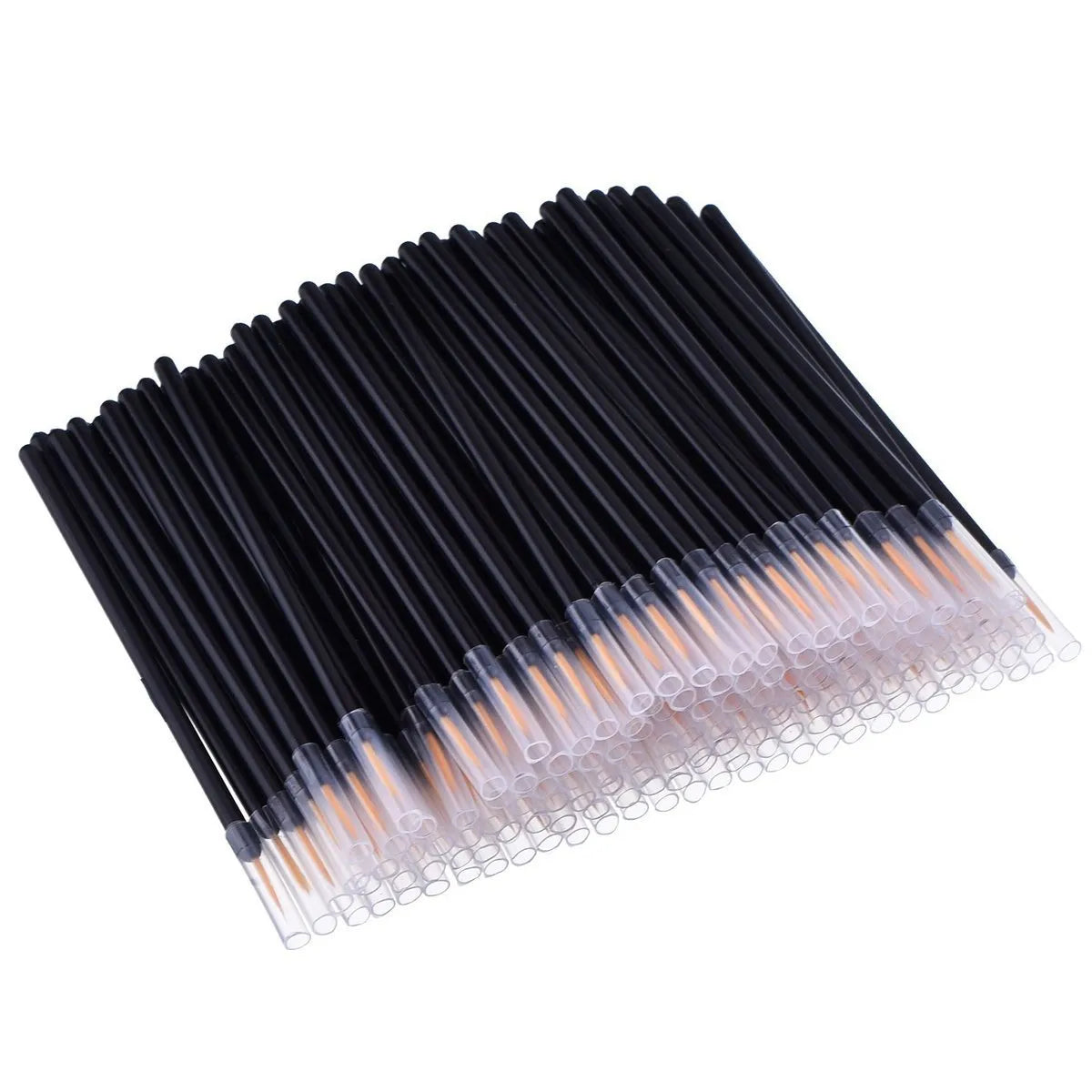 One hundred black disposable eyeliner brushes with fine pointed tips and clear plastic sleeves.
