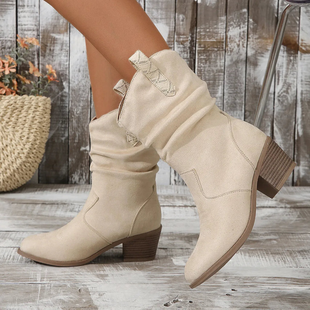 Women's suede boots with leather stitching detail and mid-heel in lotus root colour and milky white options