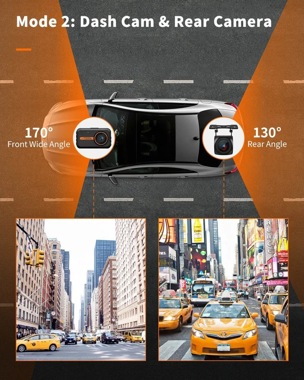 ThiEYE front and rear dash cam with 3-inch screen, suction cup mount, rear camera, and installation cables