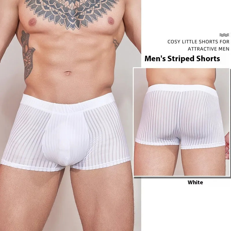 Men's striped thin nylon underwear in black, shown flat.