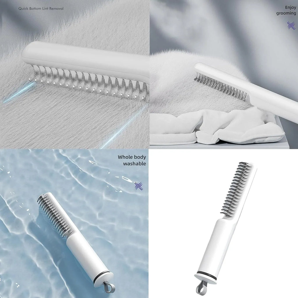 Stainless steel dog dematting comb with ergonomic handle on a white background