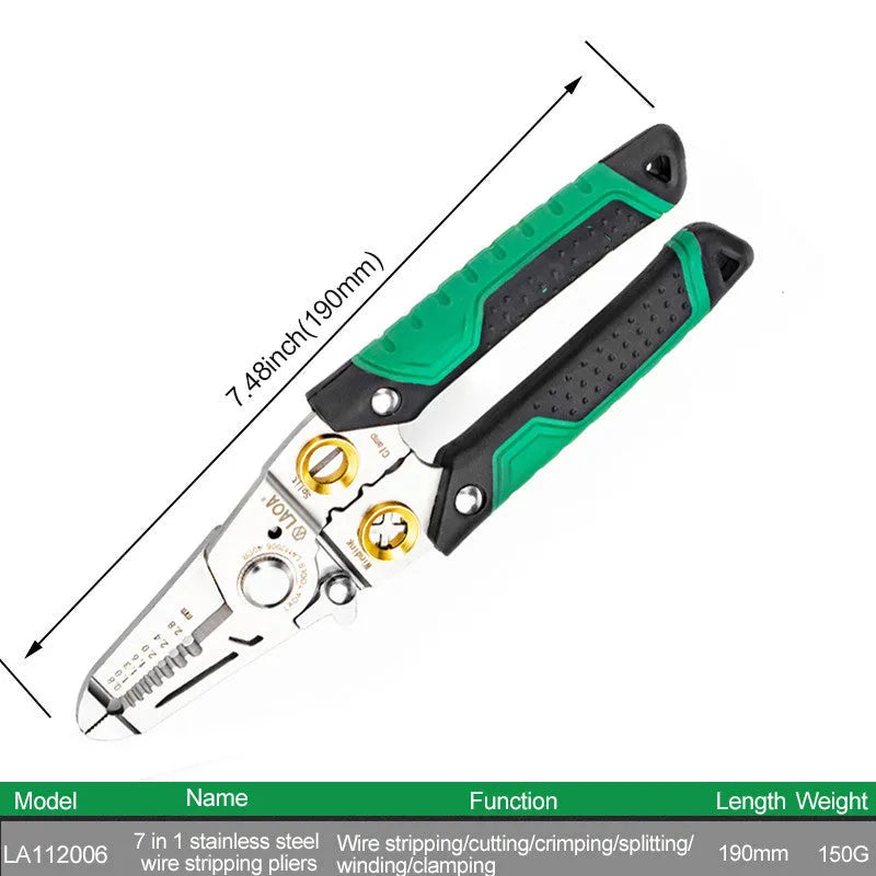 Stainless steel multifunction wire stripper with seven sized ports and two-colour handle
