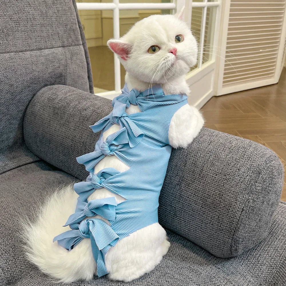 Lace-up polyester cat sterilisation recovery clothing shown in blue on a mannequin.