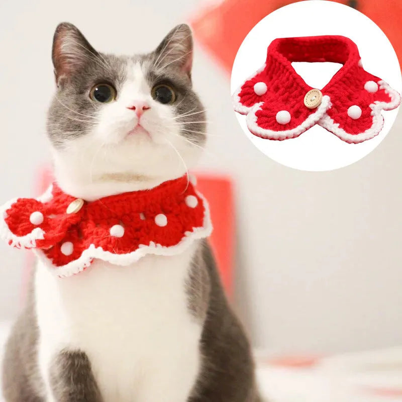 Cartoon pattern wool knitted collar for small pet cat or dog, shown in milk cotton yarn.