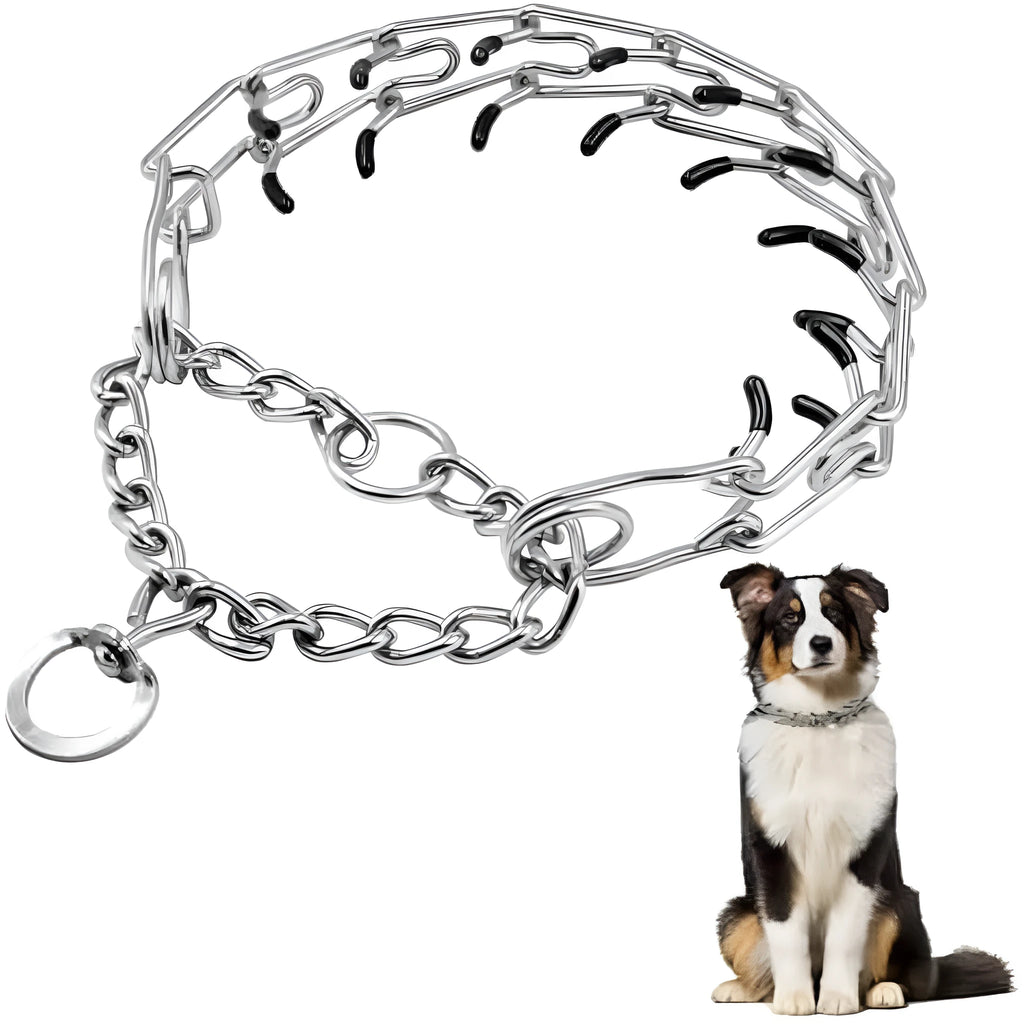 Stainless steel dog prong training collar with rubber tips and adjustable links