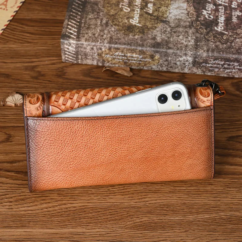 Chinese floral embossed tri-fold women's wallet in retro brown cowhide leather showing folded dimensions