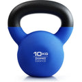 A blue cast iron dumbbell shaped like a teapot, showing its 10 kg weight and solid construction.