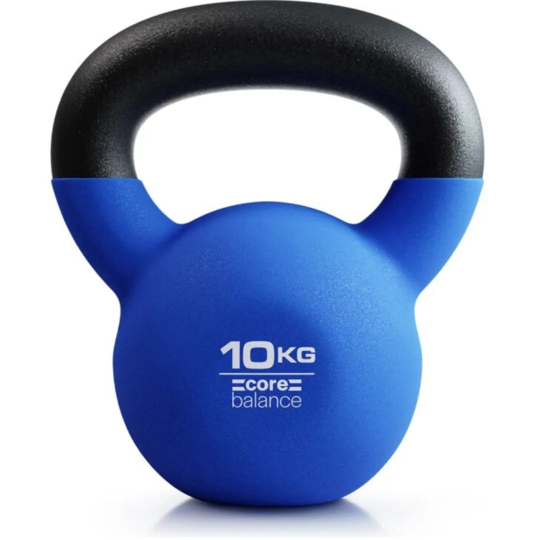 A blue cast iron dumbbell shaped like a teapot, showing its 10 kg weight and solid construction.