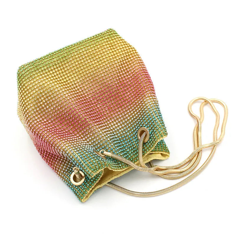 Rainbow multi-colour rhinestone bucket bag with diamond pattern design and soft fabric texture